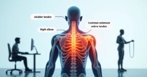 Ilustração médica de tendinite no ombro e cotovelo com estruturas destacadas